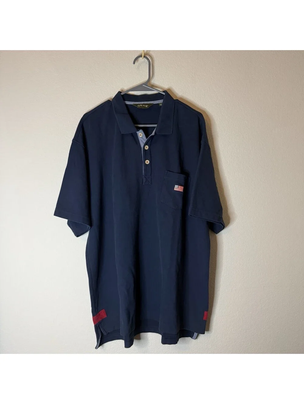 Orvis Men’s Polo Shirt Navy Blue American Flag Pocket 100% Cotton XXL
